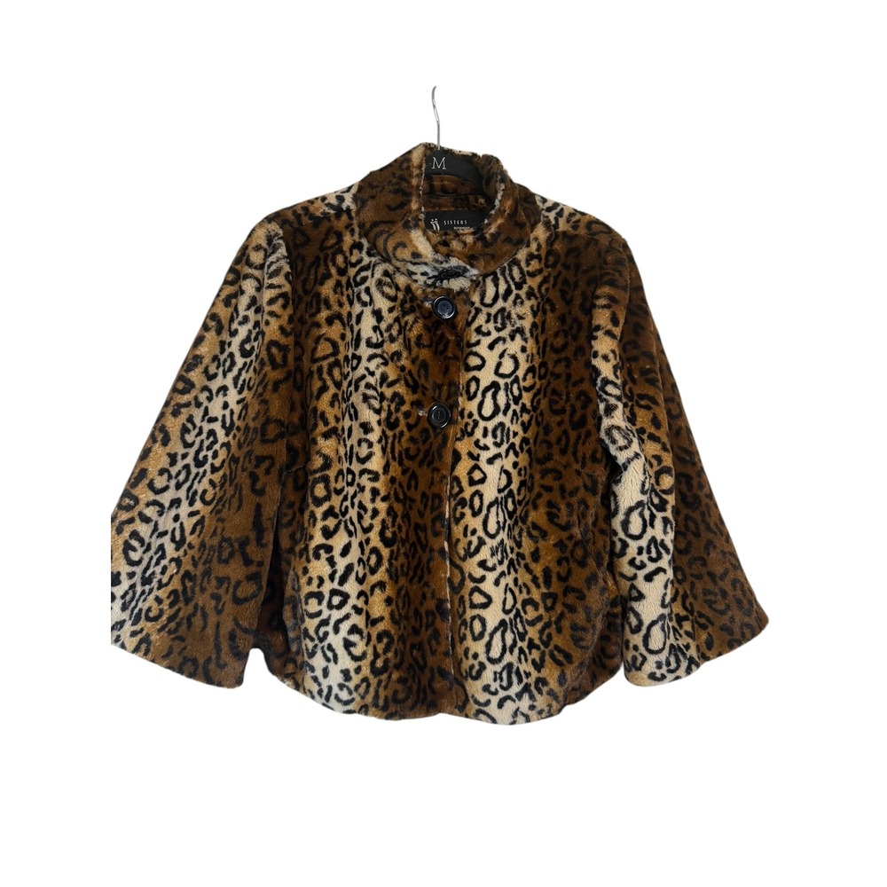 Sisters Outerwear Faux Fur Leopard Print Jacket Brown Black Size L Boxy Cropped